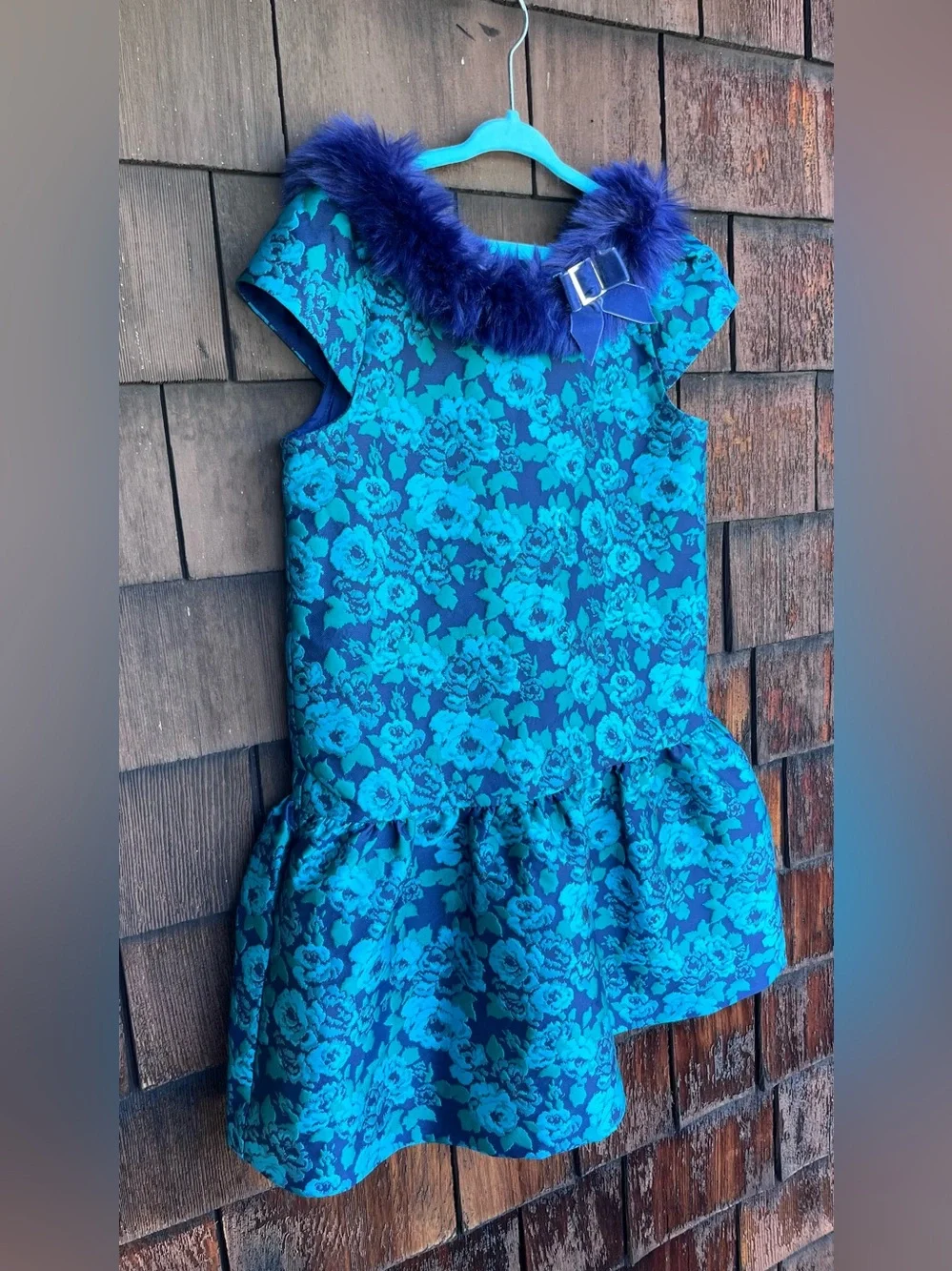 Janie and Jack sz 8 blue brocade girls winter dress ~ fur collar and bow